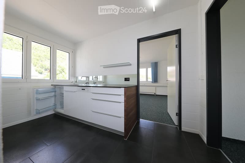 Modern kitchen with white cabinets, black countertops, and stainless steel appliances. Features an open refrigerator, dishwasher, and a sink with dual faucets. The space has large windows and a view of greenery outside.