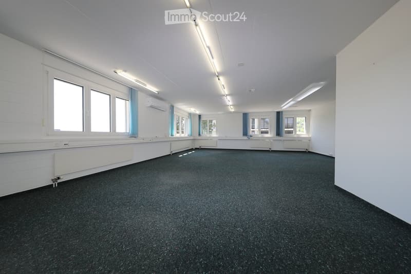 Empty room with white walls, carpeted floor, large windows with blue curtains, and built-in radiators along the walls.