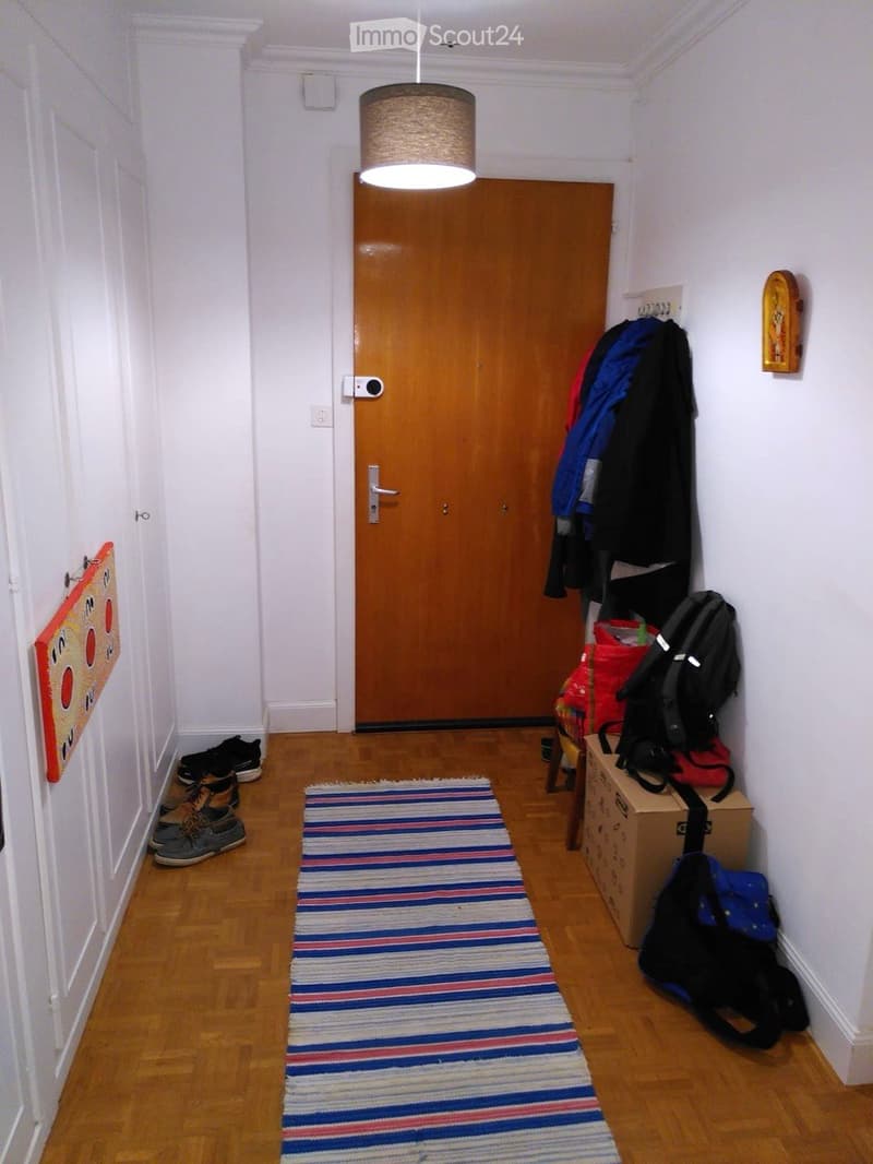 A narrow hallway with wooden flooring, white walls, a hanging light fixture, a wooden door, and a small rug leading to the door. Shoes and bags are placed near the door.