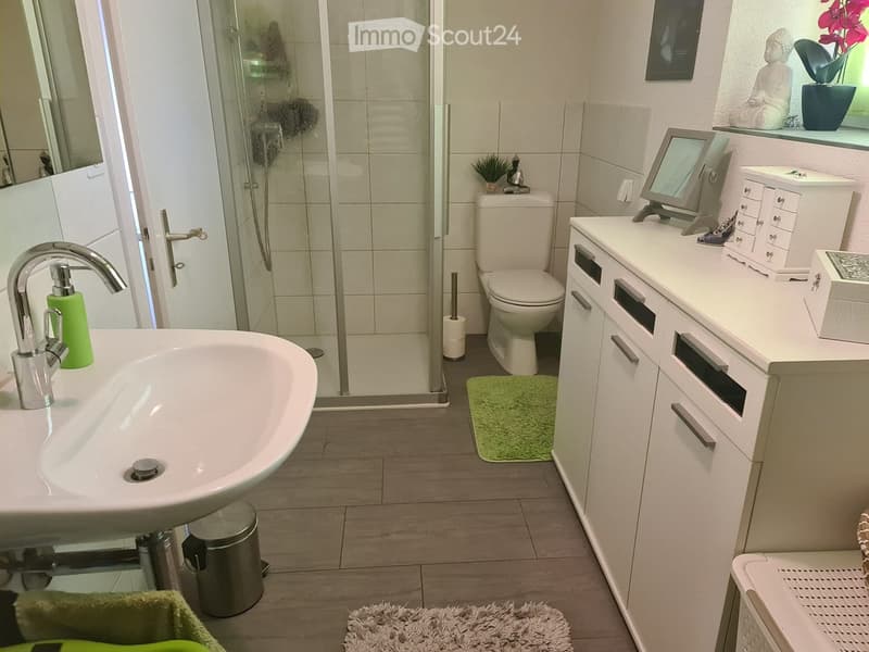 Modern bathroom with a white sink, chrome faucet, toilet, vanity cabinet, and a glass-enclosed shower. Includes decorative plants and a small stool.