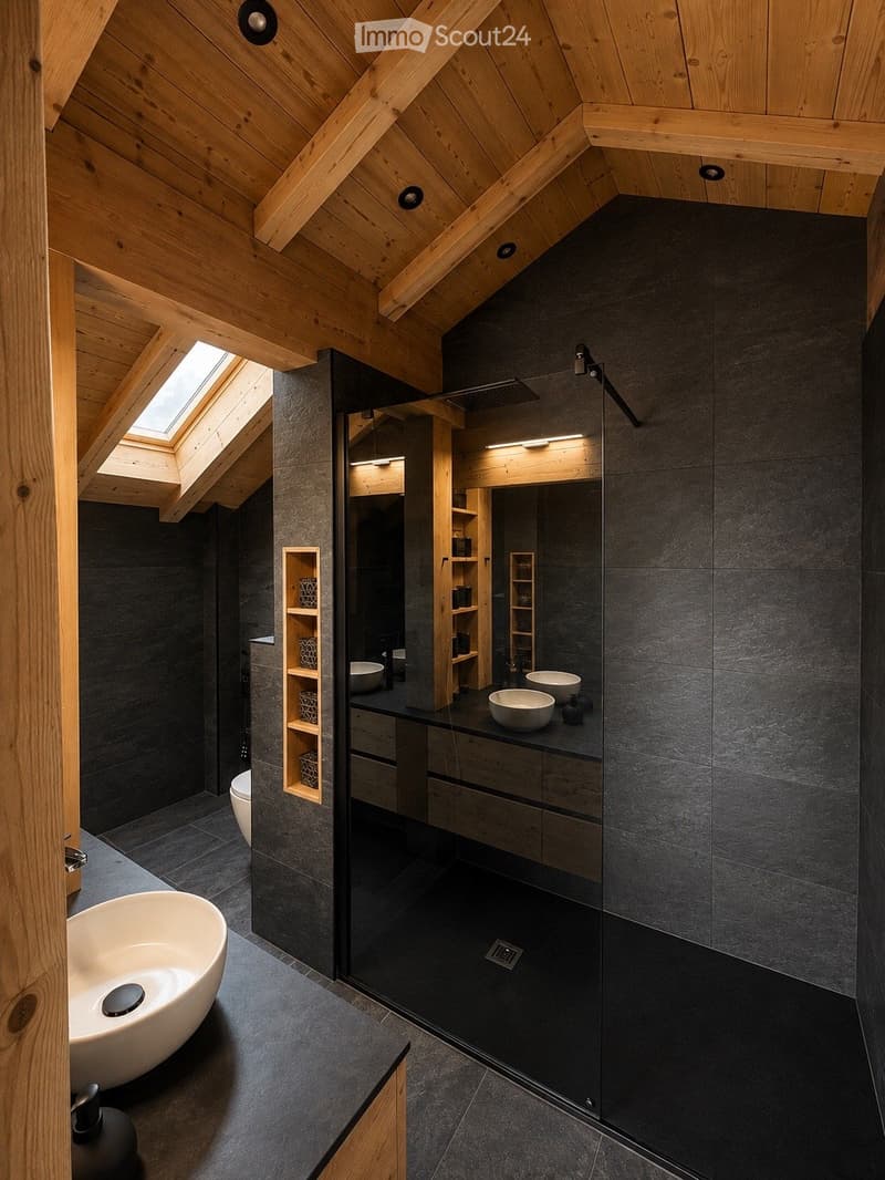 Modern bathroom with dark grey tiles, wooden ceiling beams, and built-in shelving. Features a large shower area with a glass enclosure, multiple sinks, and a toilet.