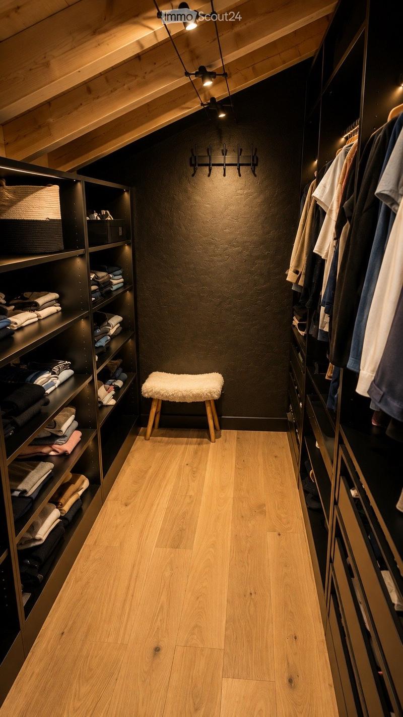 A modern, well-lit hallway with wooden flooring, built-in shelving on both sides, and a small white stool in the center.