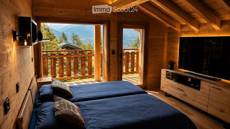 Cozy wooden bedroom with two single beds, pillows, a TV on a wooden cabinet, and a scenic mountain view through large windows and a balcony.