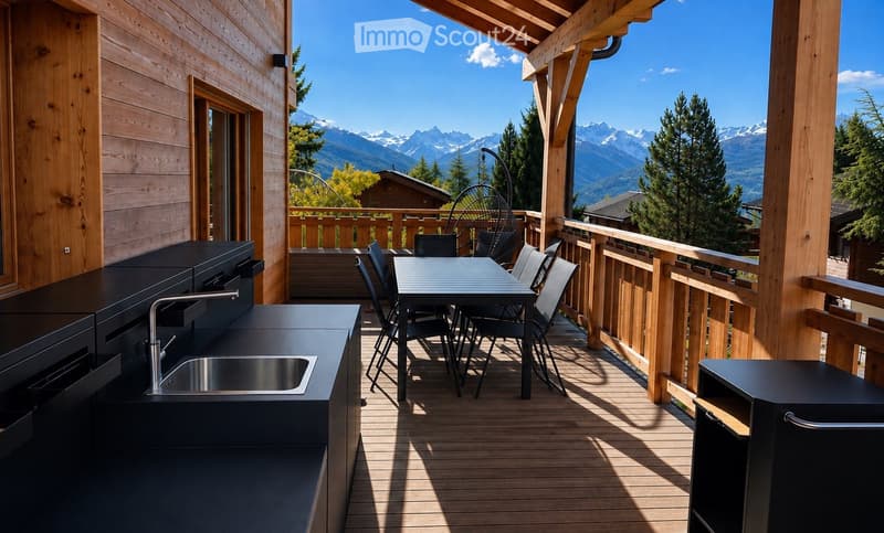 Balcony with wooden decking, modern black kitchen counter, sink, and a dining table with chairs, overlooking a mountain view.