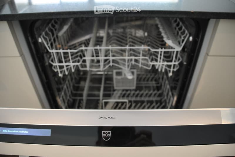 Modern stainless steel dishwasher with a sleek design, featuring a transparent door and interior racks.