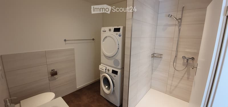 Modern bathroom with a toilet, shower, and a stacked washer/dryer unit. Features include a towel rack and a sleek, contemporary design.