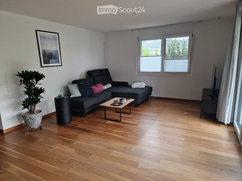 Modern living room with wooden flooring, grey sectional sofa, coffee table, side table, potted plant, and picture frame on the wall.