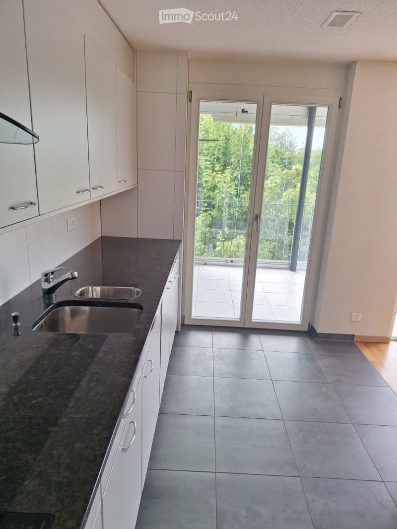 Modern kitchen with white cabinets, dark granite countertops, stainless steel sink, and large sliding glass doors leading to a balcony.