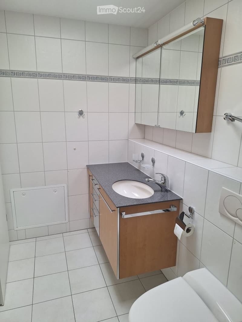 Modern bathroom with white tiled walls and floor, a wooden vanity with a sink, a mirror cabinet, and a toilet.