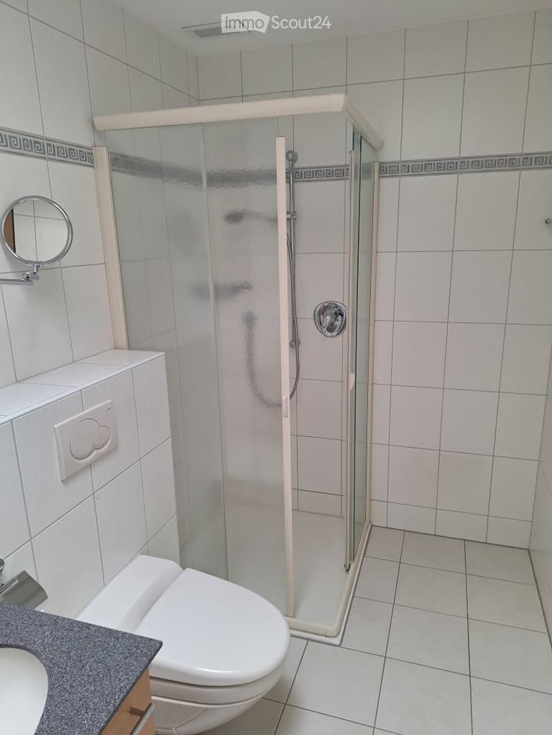 Modern bathroom with white tiles, a glass-enclosed shower, a toilet, a sink, and a round mirror on the wall.