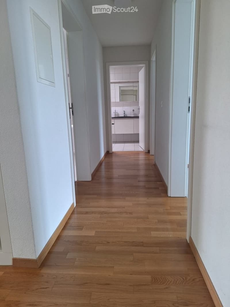 A long, narrow hallway with light wooden flooring and white walls, leading to a bathroom with white tiles and a sink.