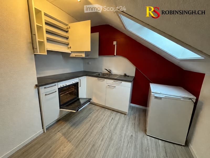 Modern kitchen with white cabinets, black countertops, an open oven, a sink with a faucet, and a refrigerator. The room features wooden flooring and a skylight window.