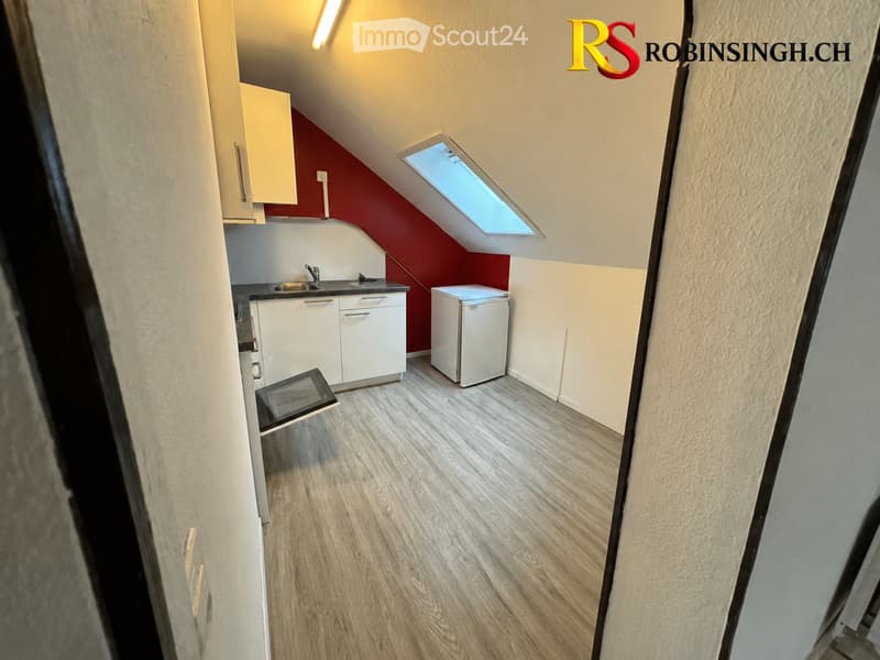 Compact kitchen with white cabinets, a sink, a small fridge, and a skylight window above the sink.
