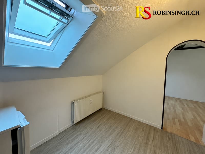 Empty attic room with wooden flooring, white walls, a radiator, and a skylight window.
