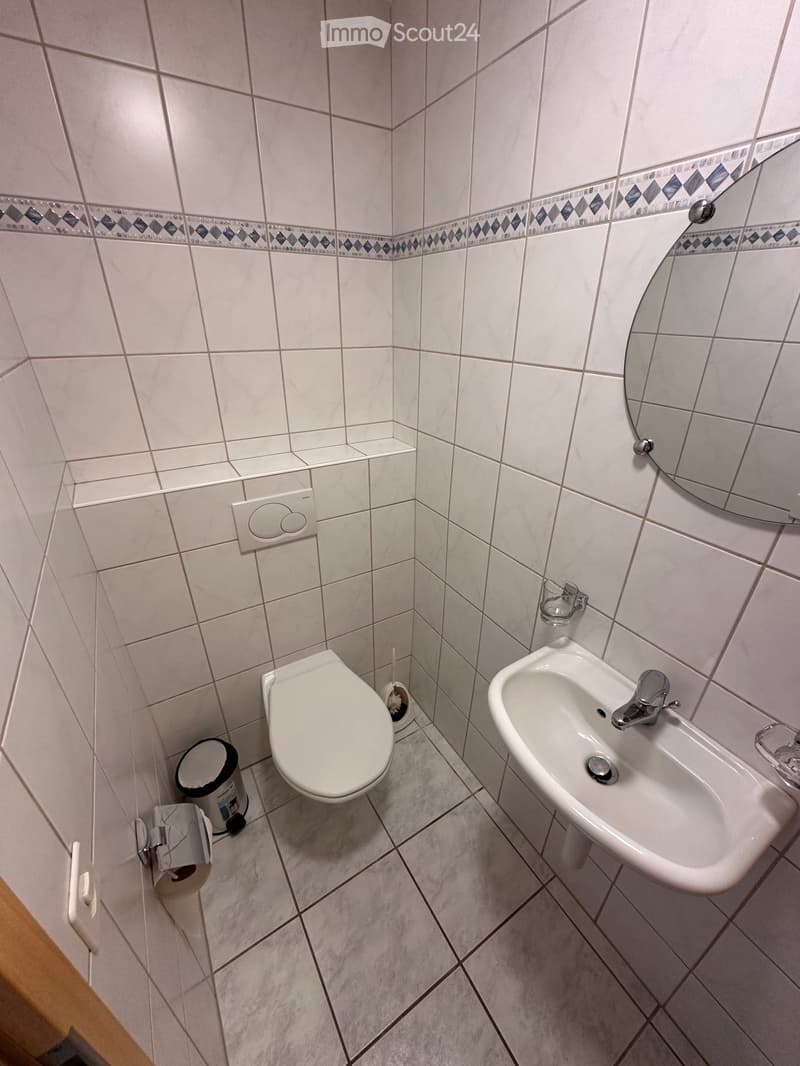 Small bathroom with white tiled walls and floor, featuring a toilet, sink with faucet, mirror, toilet paper holder, and a small trash can.