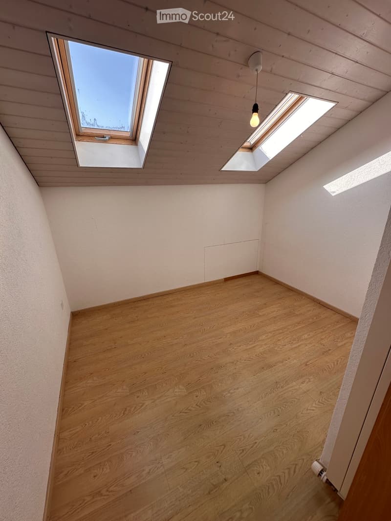 Empty room with wooden flooring, white walls, and skylight windows in the ceiling.