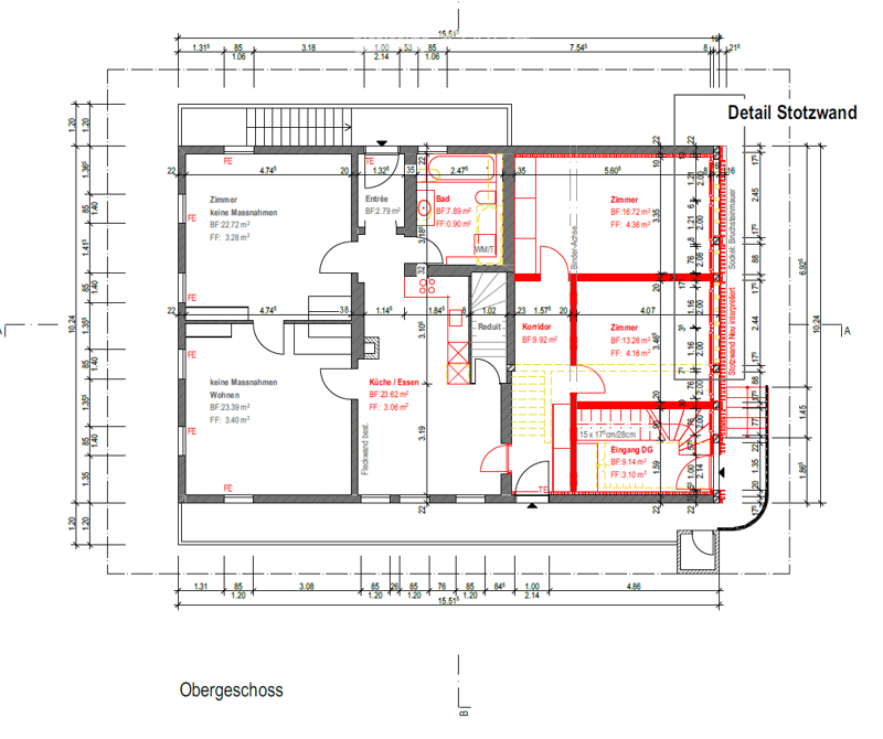 Floor plan of the upper floor showing a living area, kitchen, bathroom, bedroom, hallway, and entrance area with dimensions and room labels.