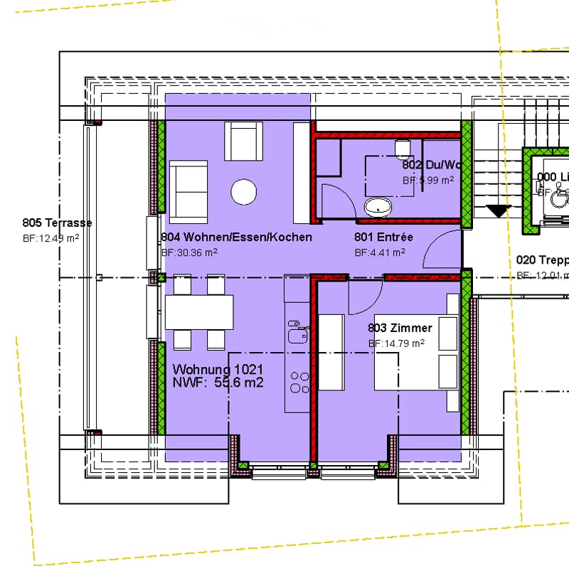 Floor plan showing a multi-room layout including a living/dining/kitchen area, bedroom, entrance, bathroom, and terrace.