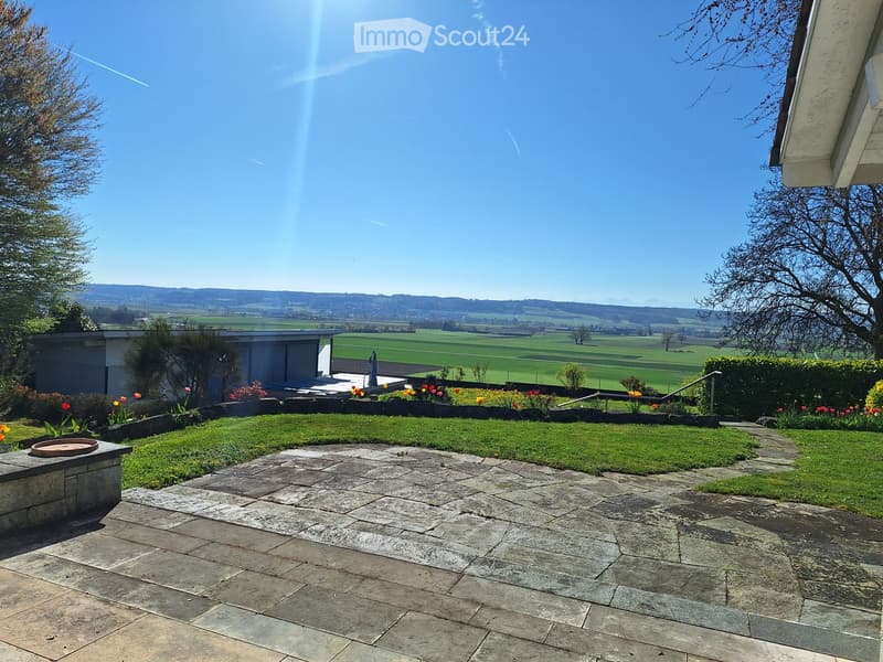 Stone paved patio, green lawn, flower beds, distant view of a green field