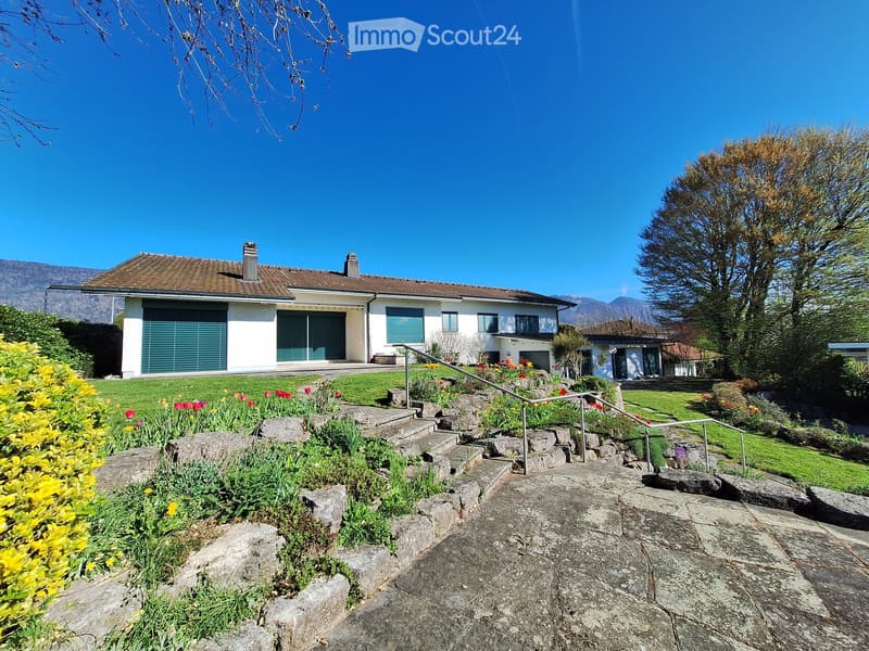 Detached house, brown roof, white walls, green garage doors, garden with stairs, flowers, and plants