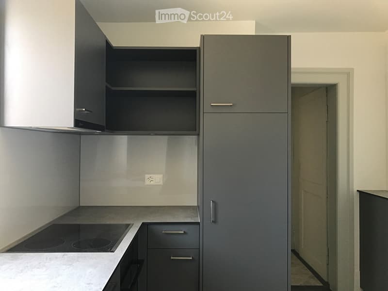 Modern kitchen with grey cabinets, a built-in stove, and sleek countertops.