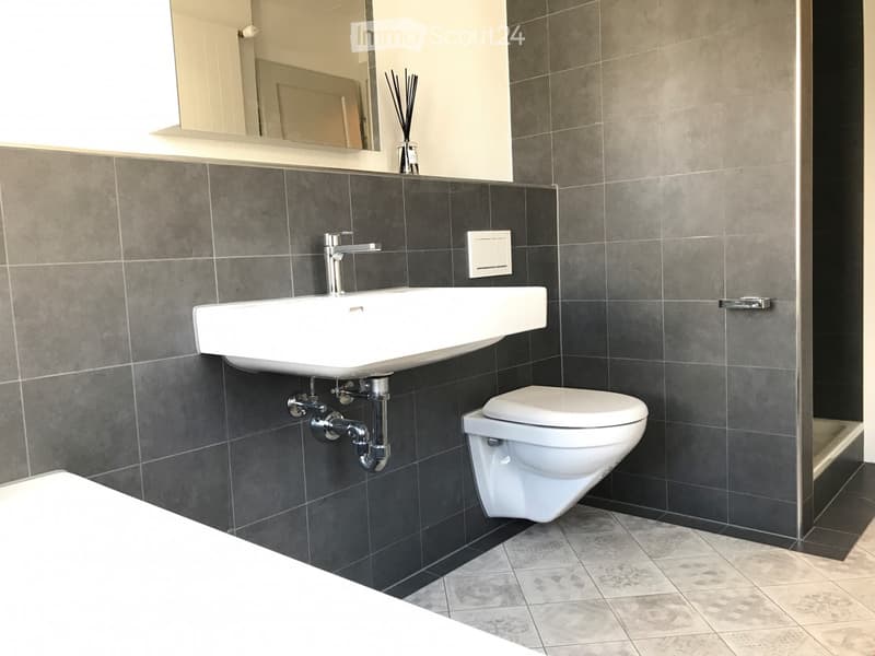 Modern bathroom with dark grey tiles, white sink, chrome faucet, toilet, and a decorative bottle on the windowsill.