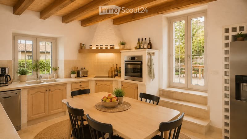 Bright, rustic kitchen with wooden beams, light wooden cabinets, stainless steel appliances, and a large window overlooking a patio.