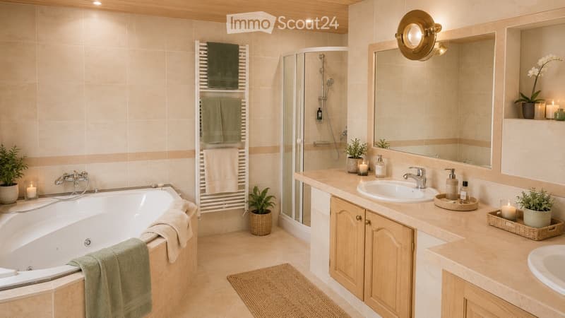 Modern bathroom with a bathtub, double sink, large mirror, towel rack, and decorative plants.