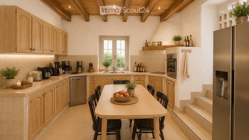 Bright kitchen with wooden cabinets, stainless steel appliances, a central dining table with chairs, and various kitchen items on the counters.