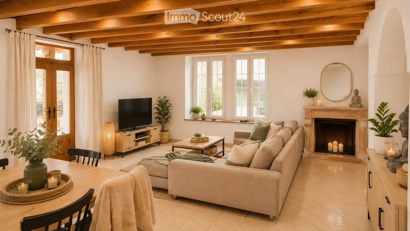 Bright living room with a fireplace, large windows, a sofa, coffee table, TV, and decorative plants.
