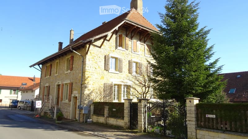 3 story stone house, brown slate roof, stone porch, 2 chimneys, metal gates, shrubbery, sidewalk