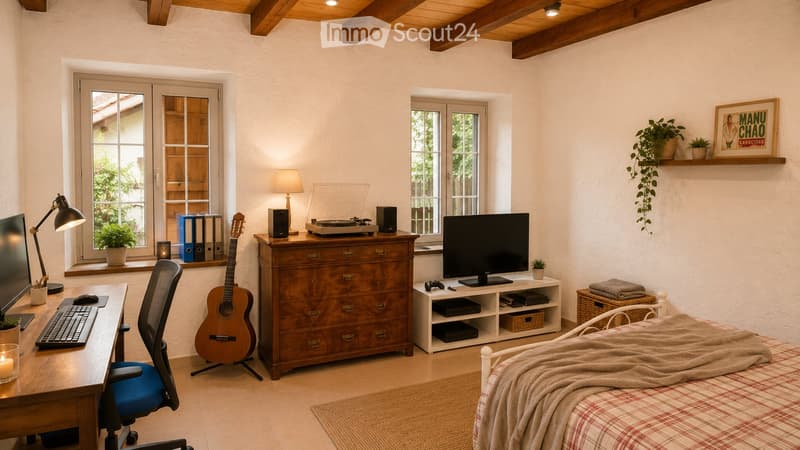 A cozy, well-furnished room with a bed, desk, guitar, and various decorative items. The room features wooden beams on the ceiling, large windows, and a warm, inviting atmosphere.