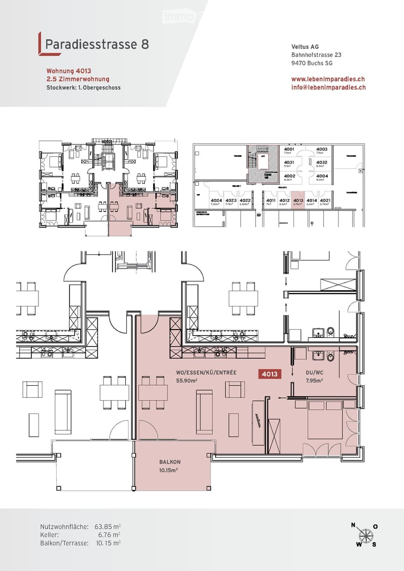 Floor plan of a 2.5-room apartment on the first upper floor, including a living/dining/kitchen area, bedroom, bathroom, and balcony.