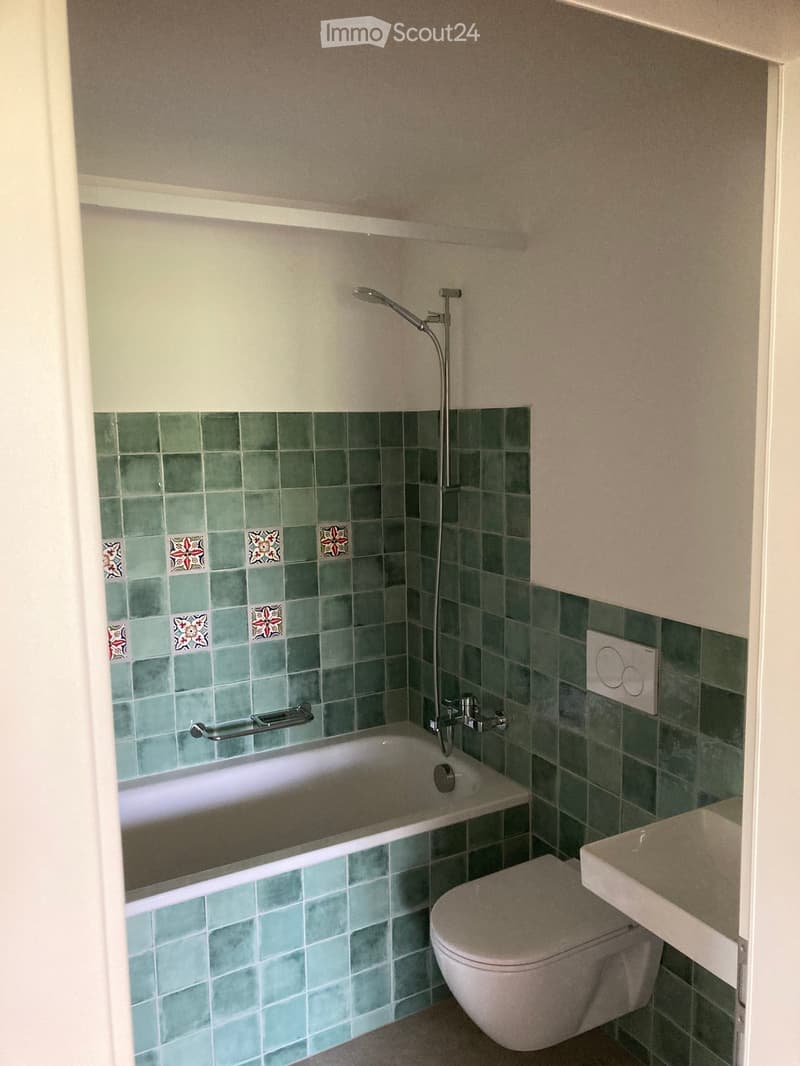 Bathroom with green tiled walls, bathtub, toilet, showerhead, and handrail.