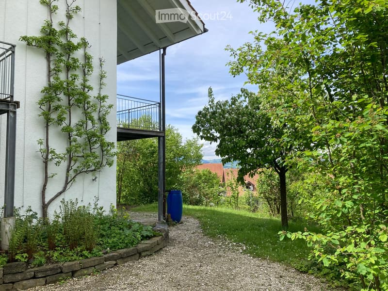 Garden area with gravel pathway, green grass, trees, and a blue barrel near the house entrance.