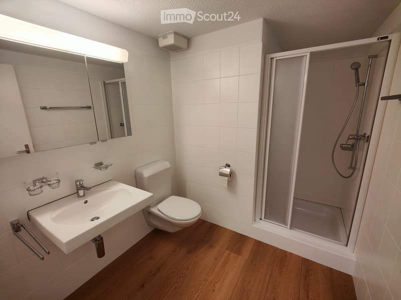 Modern bathroom with white tiles, wooden floor, sink, toilet, mirror, and walk-in shower with glass enclosure.