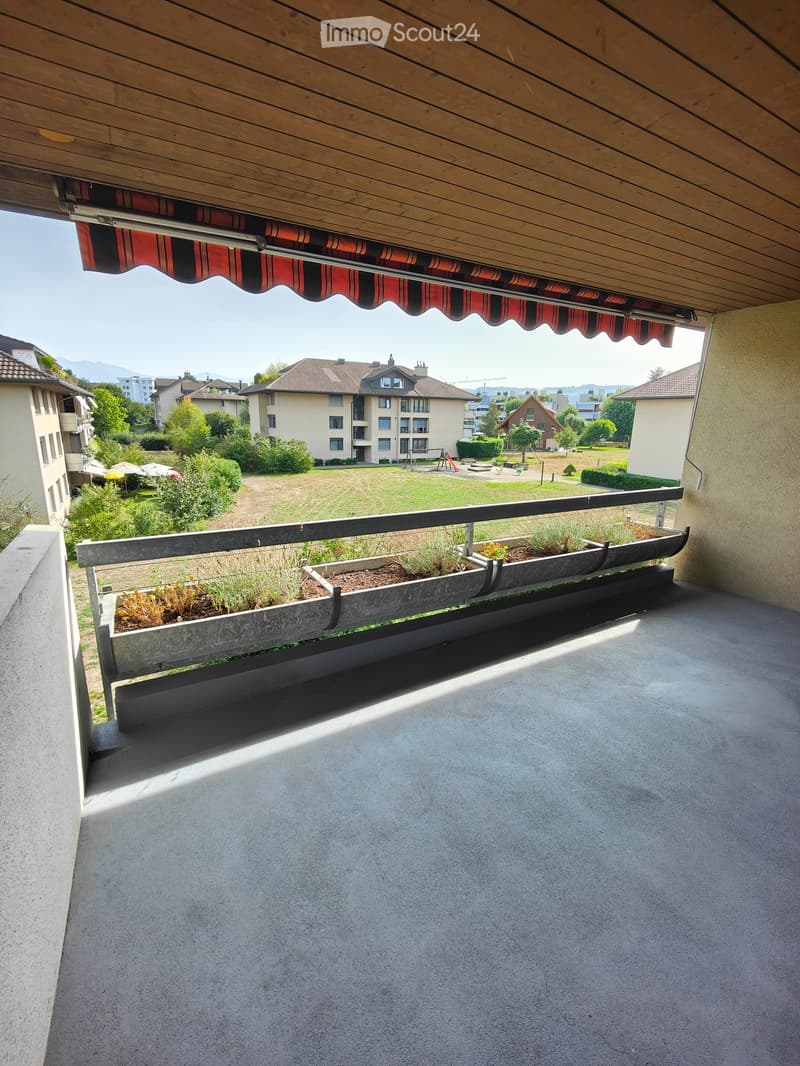 Balcony with wooden ceiling, striped awning, concrete floor, and small planter boxes with plants. Offers a view of a park and residential buildings.