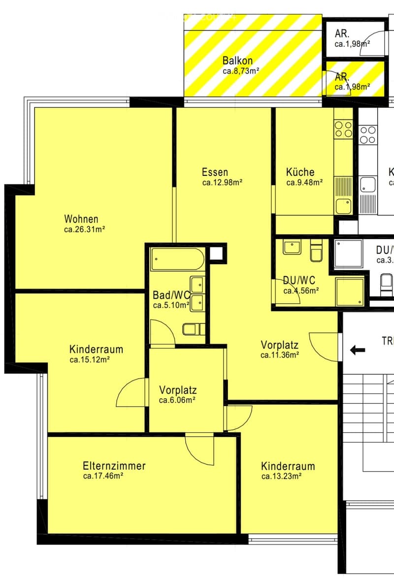 Floor plan showing a two-bedroom apartment with living room, dining area, kitchen, two bathrooms, hallway, and balcony.