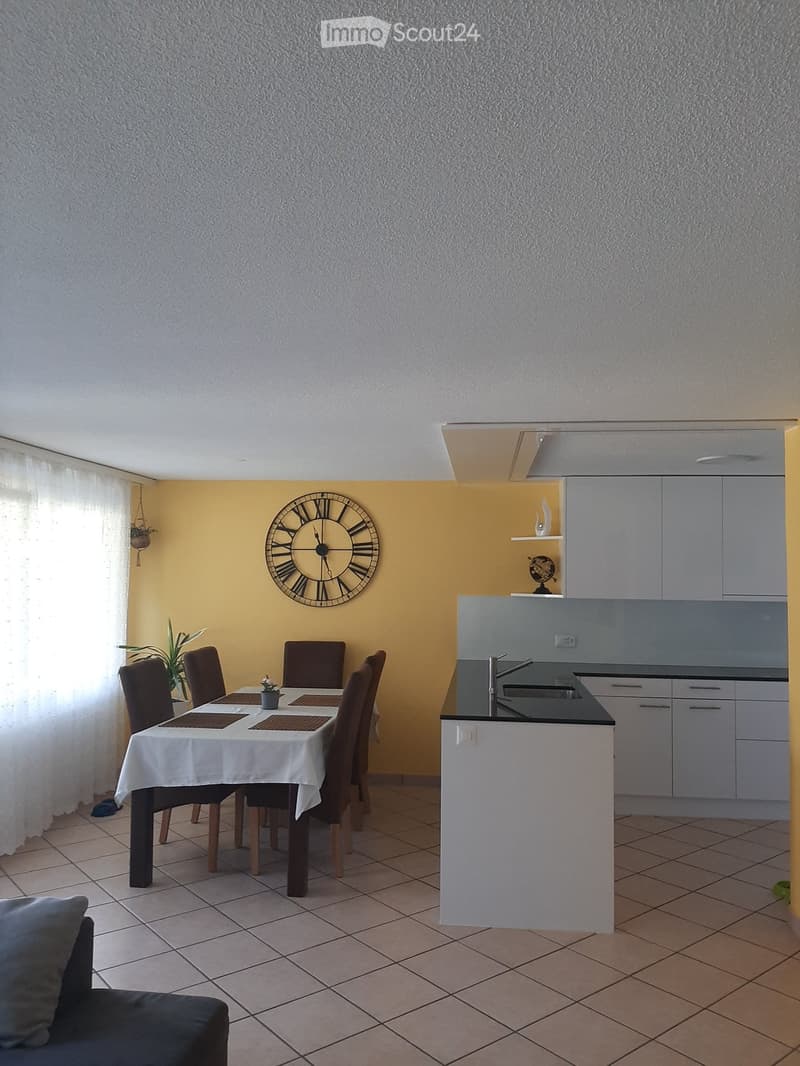 A modern, open-plan dining and kitchen area with a white table, four chairs, a kitchen counter with sink and faucet, grey cabinets, a large wall clock, and a plant near the window.