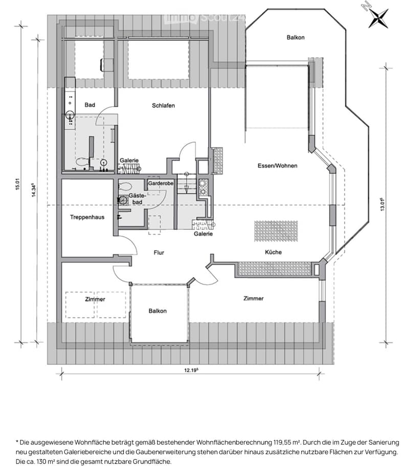 Floor plan showing a multi-room layout including a bedroom, bathroom, living/dining area, kitchen, hallway, and balcony.