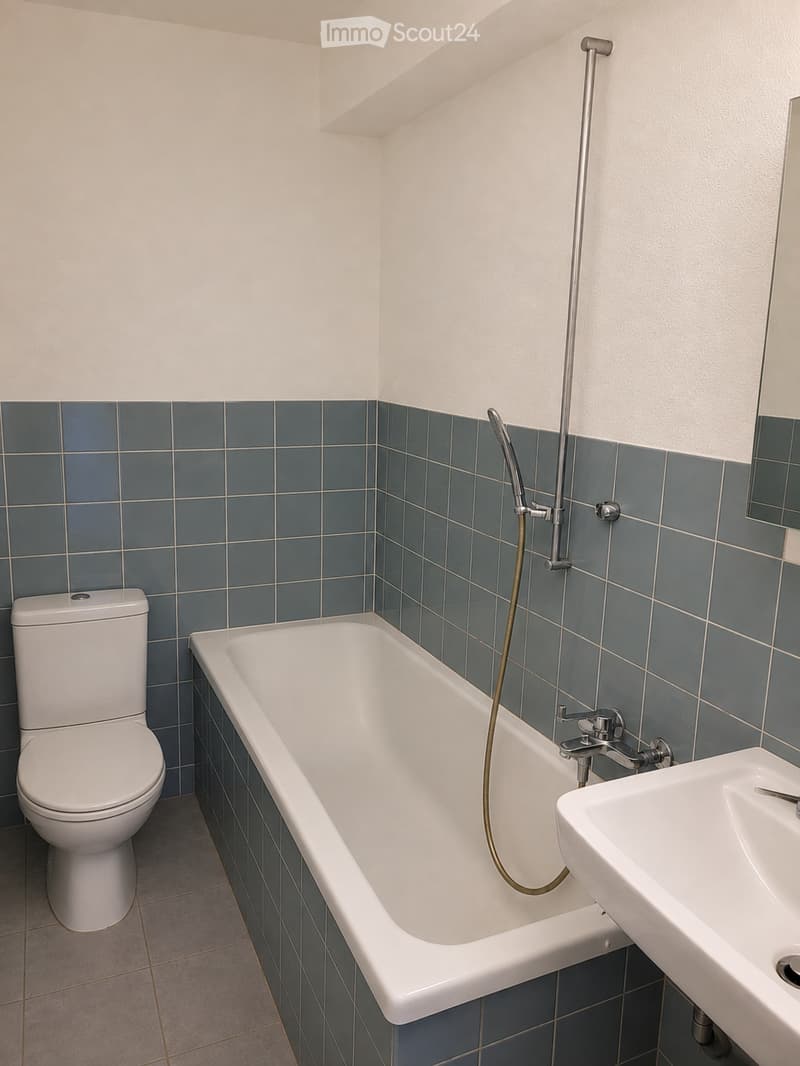 Bathroom with a white toilet, bathtub, sink, and tiled walls.