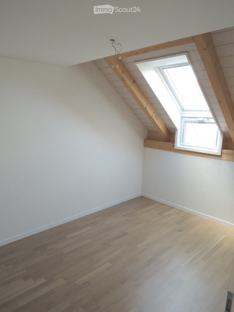 Empty attic room with wooden flooring, white walls, and skylight windows.