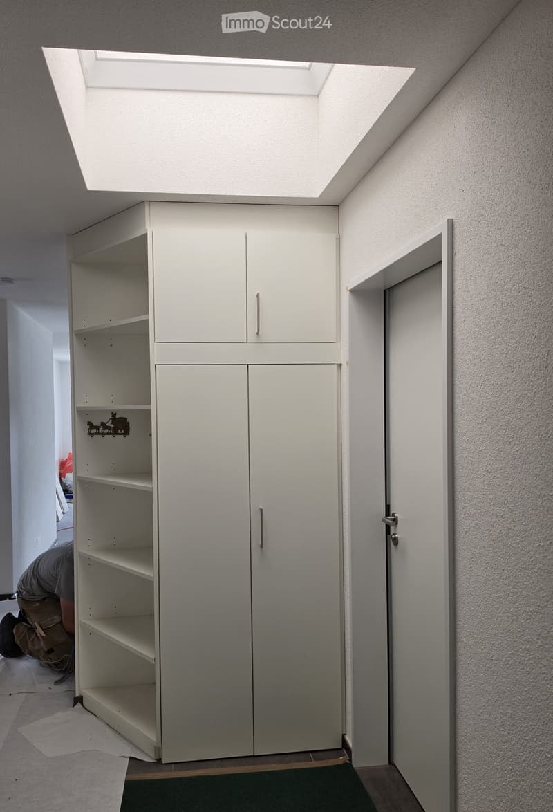 Empty hallway with white walls, a large built-in cabinet with open shelves and closed doors, and a skylight above. A door is visible on the right side.