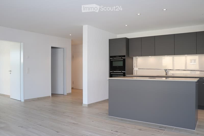 Modern kitchen with grey cabinets, a central island, and built-in appliances including an oven and sink.