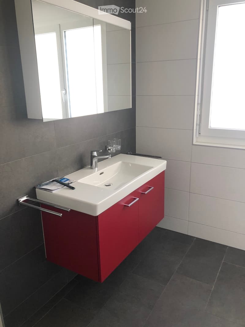 Modern bathroom with a white sink, red cabinet, silver faucet, large mirror, and a towel rack. Dark tiled floor and grey tiled walls.