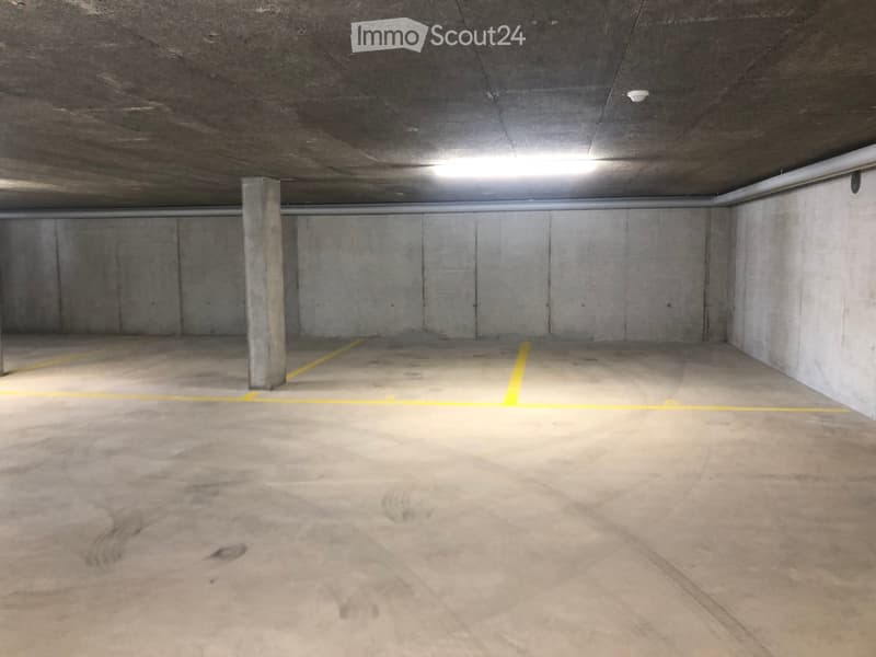 Empty underground parking garage with concrete walls, pillars, and yellow parking lines.