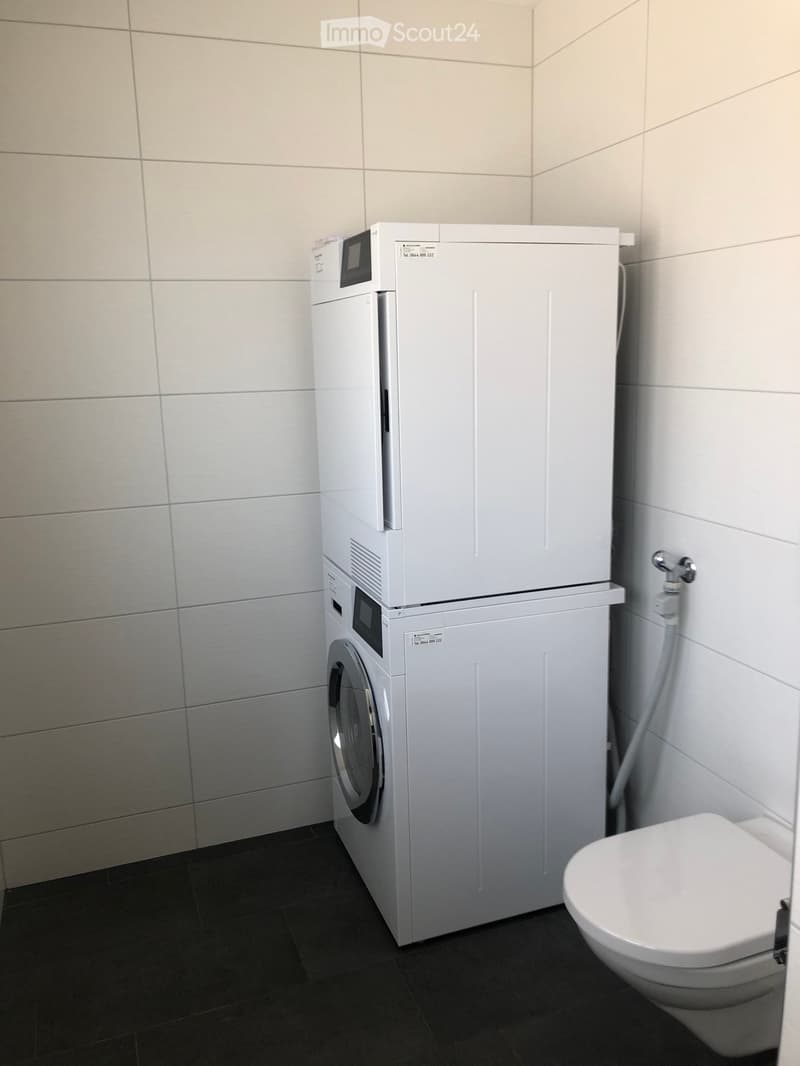 Bathroom with a white washing machine and a toilet, tiled walls and dark floor.