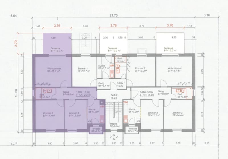 Floor plan showing two levels with multiple rooms including living rooms, bedrooms, bathrooms, kitchens, and terraces.