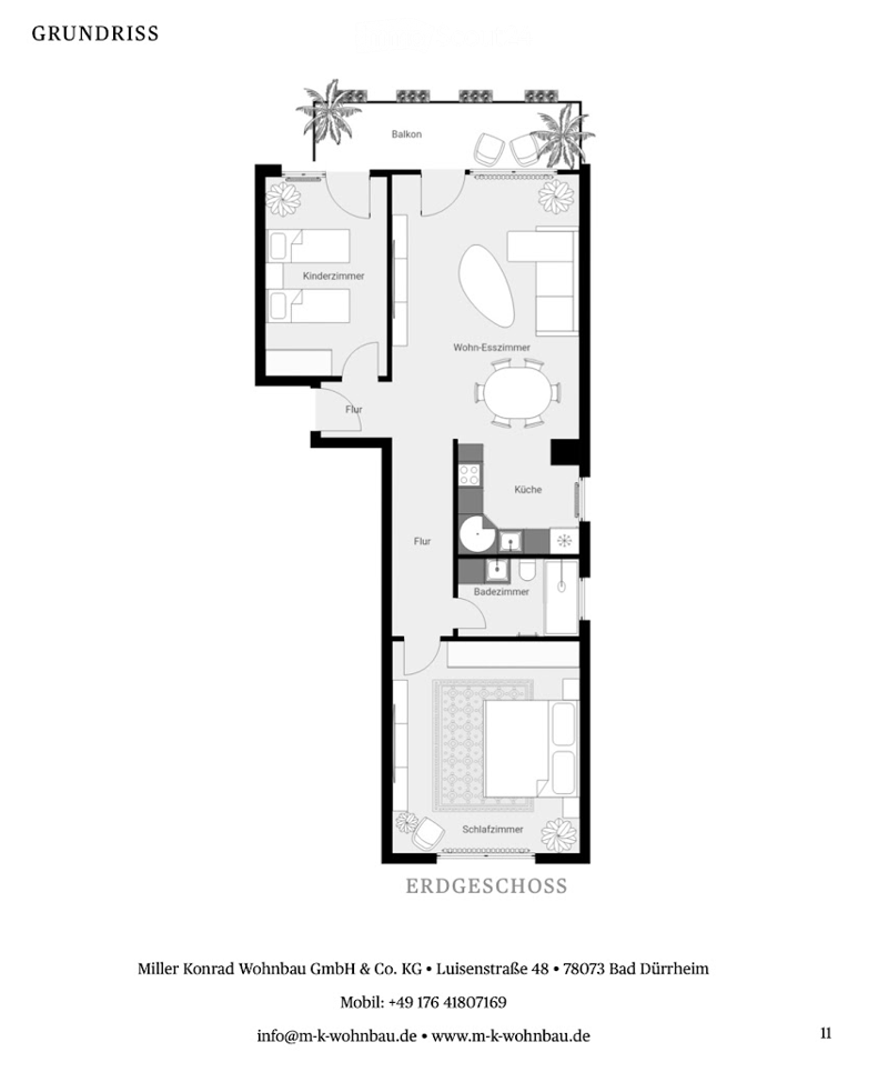 Ground floor plan showing a living-dining room, kitchen, bathroom, bedroom, children's room, and balcony.