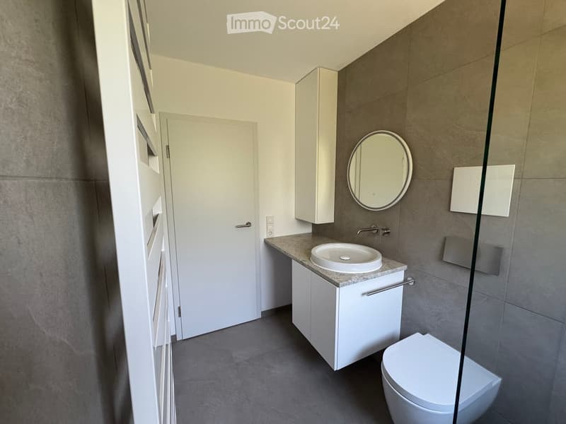 Modern bathroom with a white sink, round mirror, white cabinet, and toilet. Features grey tiled walls and a glass shower enclosure.